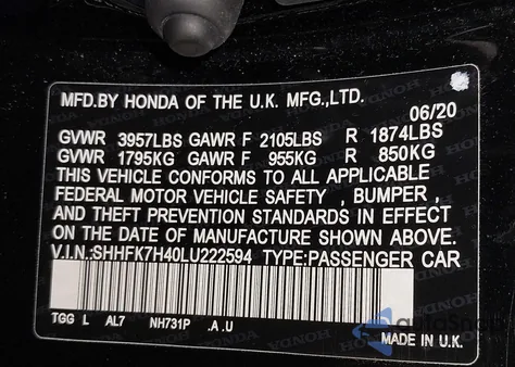 2020 Honda Civic Sport из США, поврежденный, VIN SHHFK7H40LU222594